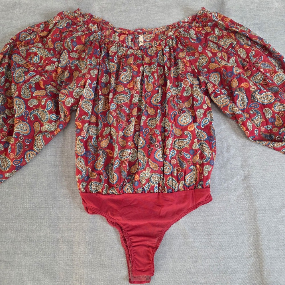 NWOT Free People Bodysuit Womens L Red Paisley Boho Off Shoulder Balloon Sleeve
